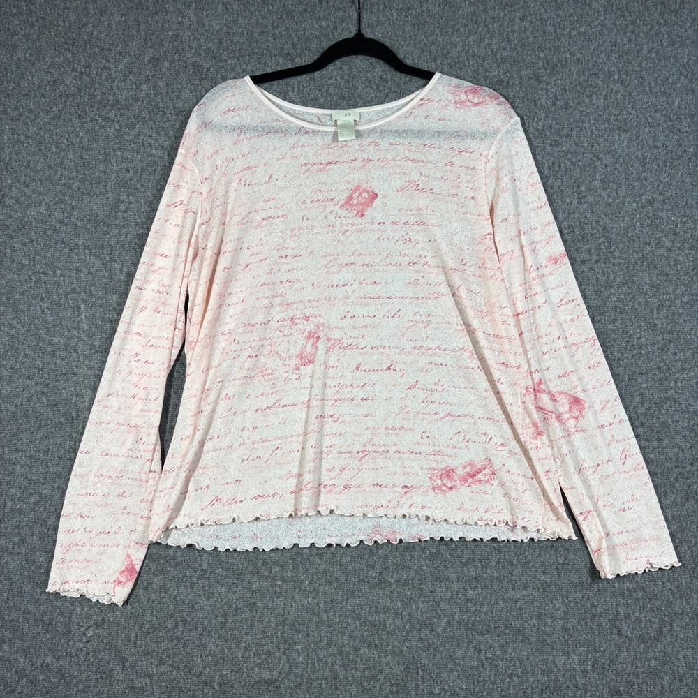 Y2K J. Jill Womens XL Pink French Script Postage Print Sheer Mesh Shirt Top